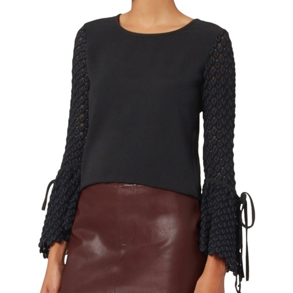 See By Chloe Black Crochet Knit Bell Sleeve Blouse Top Bohemian S7SHT23 Size 40